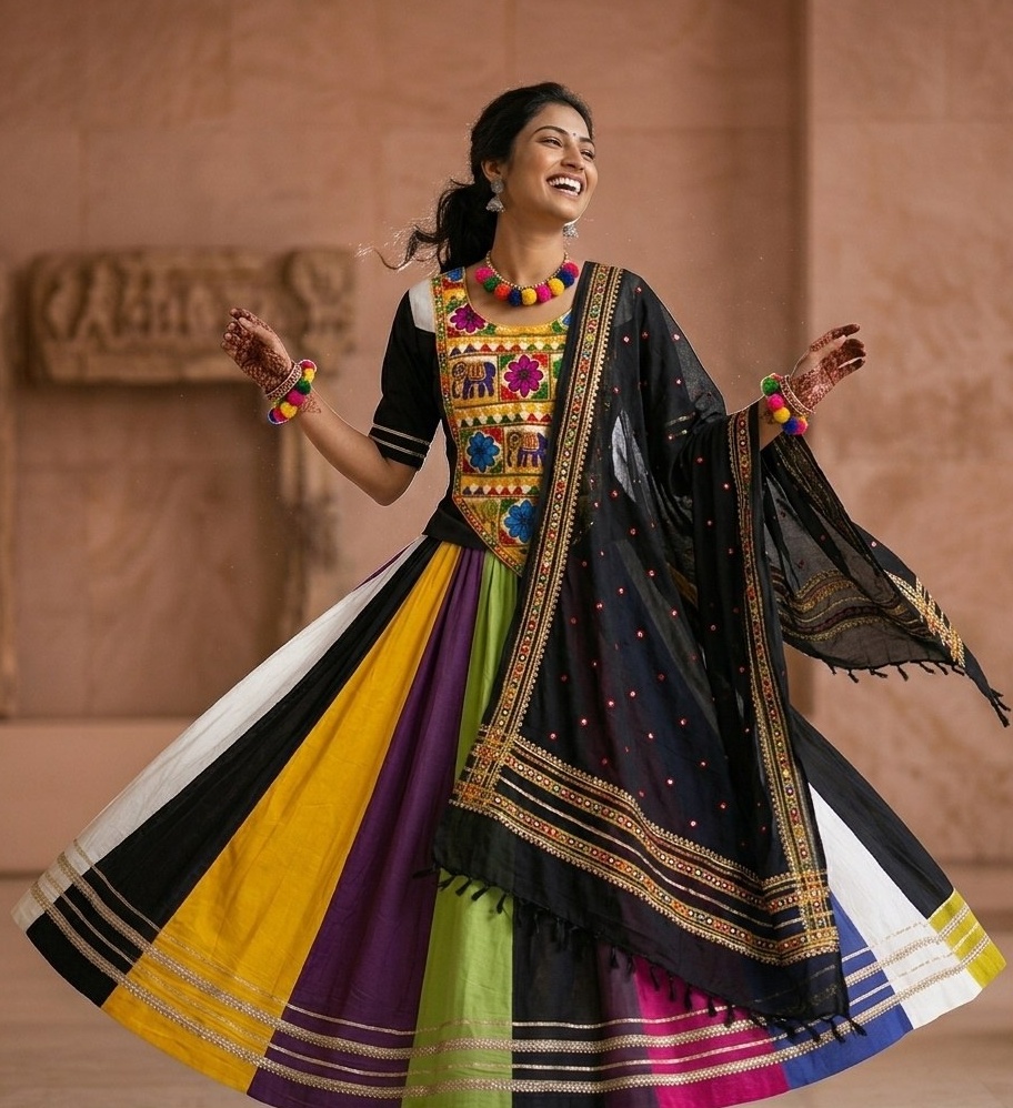 Black multicolour mirror work lehenga