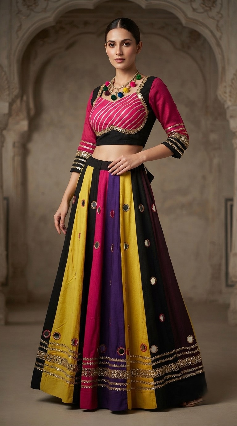 VyoJin Teal and Orange Printed Chaniya Choli