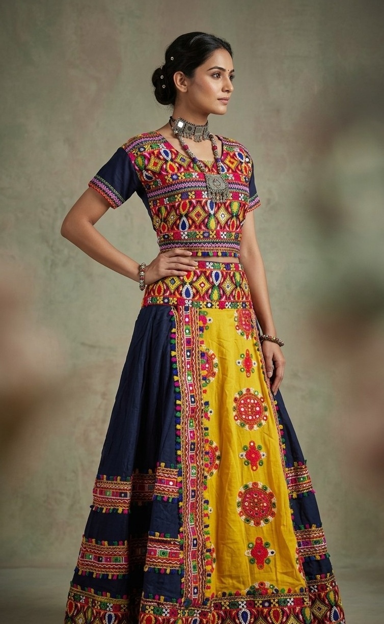 Navy blue floral mirror work chaniya choli